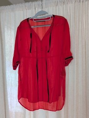 Beate Heymann Lightweight Red V-Neck Sheer Tunic with Contrast Trim